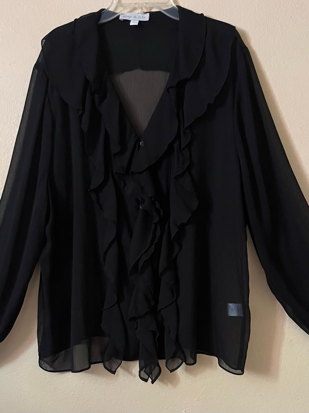 Alex & Lili Black Sheer Chiffon Ruffle Blouse Top XL